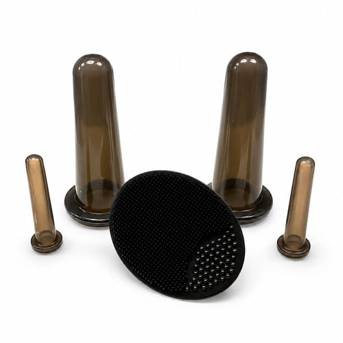Set of brown and black cylindrical and conical objects on a white background